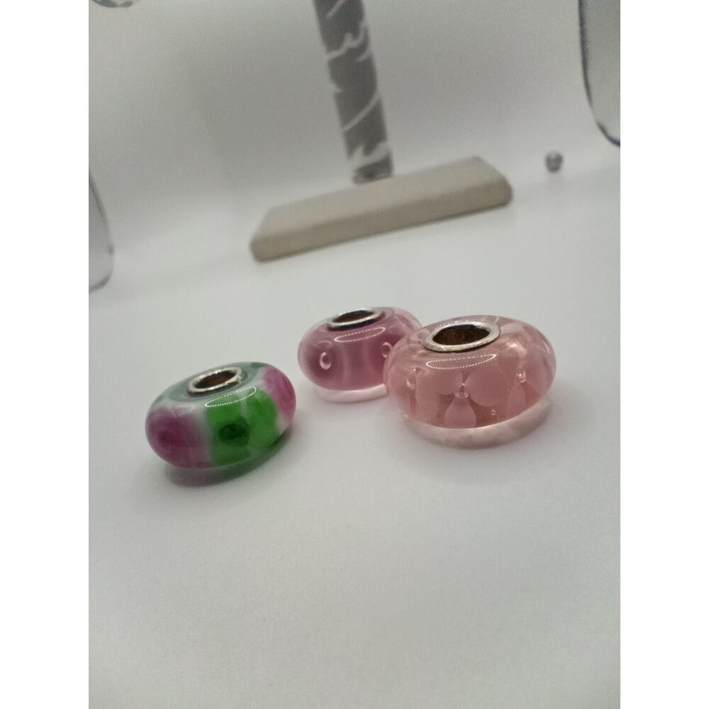 Vintage Trollbeads Glass Bead Lot – 3 Pink & Floral Sterling Core Charms